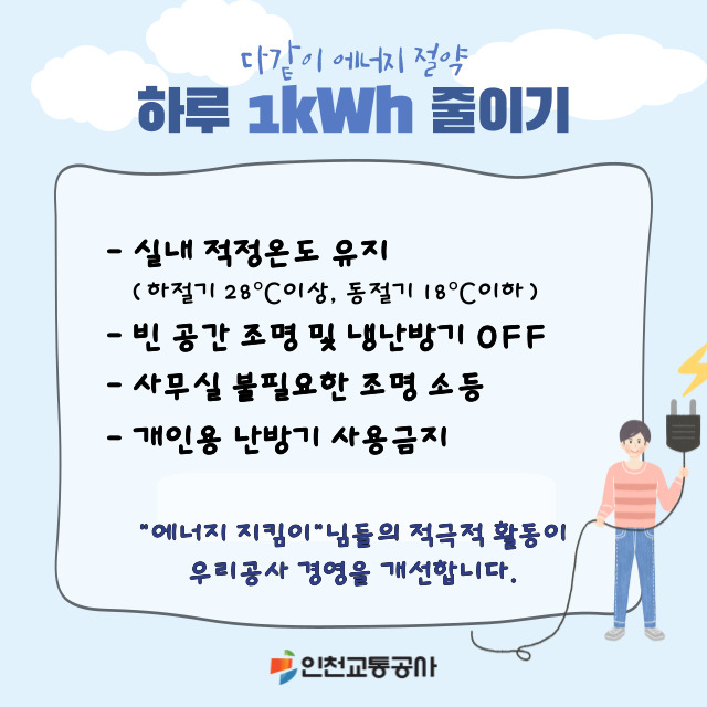 <다같이 에너지 절약, 하루 1kWh  줄이기>
- 실내 적정온도 유지(하절기 28℃ 이상, 동절기 18℃ 이하)
- 빈 공간 조명 및 냉난방기 OFF
- 사무실 불필요한 보면 소등
- 개인용 난방기 사용금지
- "에너지 지킴이"님들의 적극적 활동이 우리공사 경영을 개선합니다.