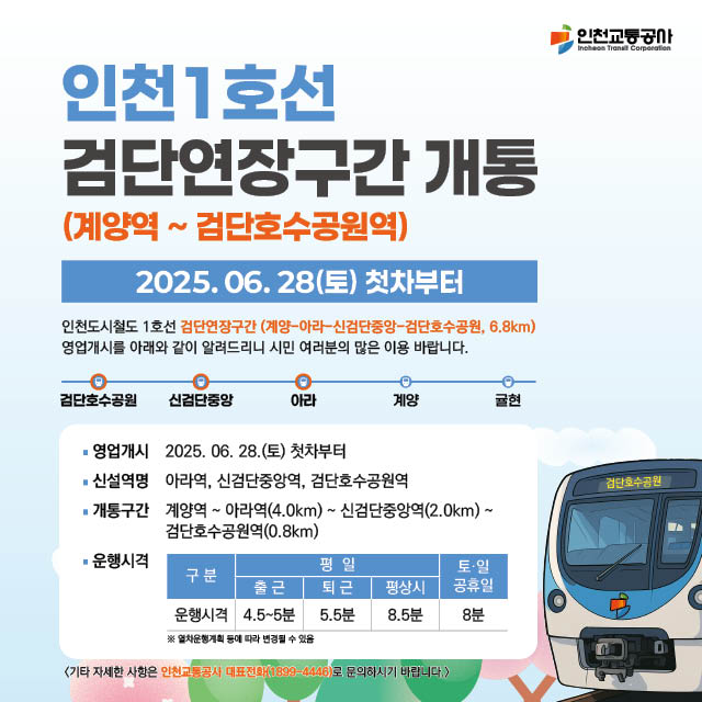 <인천1호선 검단연장구간 개통(계양역~검단호수공원역)>
- 2025.06.28.(토) 첫차부터
- 인천도시철도 1호선 검단연장구간(계양-아라-신검단중앙-검단호수공원, 6.8km) 영업개시를 아래와 같이 알려드리니 시민 여러분의 많은 이용 바랍니다.