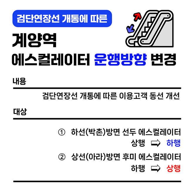 <계양역 에스컬레이터 운행방향 변경>
- 내용 : 검단연장선 개통에 따른 이용고객 동선 개선
- 대상 : 하선(박촌)방면 선두 에스컬레이터 상행 → 하행
            상선(아라)방면 후미 에스컬레이터 하행 → 상행