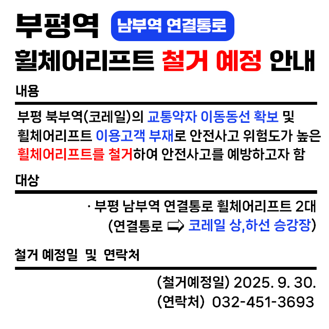 <부평역 남부역 연결통로 휠체어리프트 철거 예정 안내>
- 부평 북부역(코레일)의 교통약자 이동동선 확보 및 휠체어리프트 이용고객 부재로 안전사고 위험도가 높은 휠체어리프트를 철거하여 안전사고를 예방하고자 함
- 대상 : 부평 남부역 연결통로 휠체어리프트 2대(연결통로 : 코레일 상,하선 승강장)
- 철거 예정일 및 연락처 : 2025.09.30. 032-451-3693