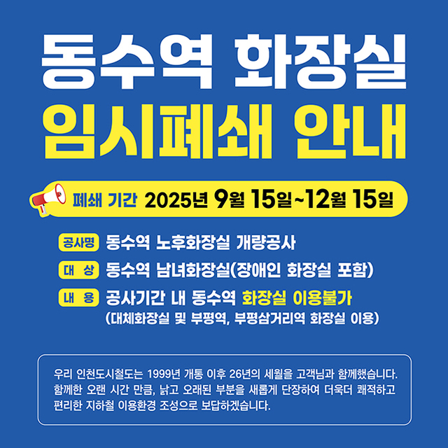 <동수역 화장실 임시폐쇄 안내>
- 폐쇄 기간 : 2025.09.15. ~ 12.15.
- 공사명 : 동수역 노후화장실 개량공사
- 대상 : 동수역 남녀화장실(장애인 화장실 포함)
- 내용 : 공사기간 내 동수역 화장실 이용불가(대체화장실 및 부평역, 부평삼거리역 화장실 이용)
- 우리 인천도시철도는 1999년 개통 이후 26년의 세월을 고객님과 함께했습니다.
- 함께한 오랜 시간 만큼, 낡고 오래된 부분을 새롭게 단장하여 더욱더 쾌적하고 편리한 지하철 이용환경 조성으로 보답하겠습니다.