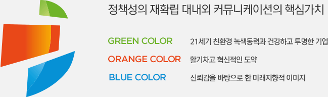 정책성의 재확립 대내외 커뮤니케이션의 핵심가치 : GREEN COLOR 21세기 친환경 녹색동력과 건강하고 투명한 기업, ORANGE COLOR 활기차고 혁신적인 도약, BLUE COLOR 신뢰감을 바탕으로 한 미래지향적 이미지