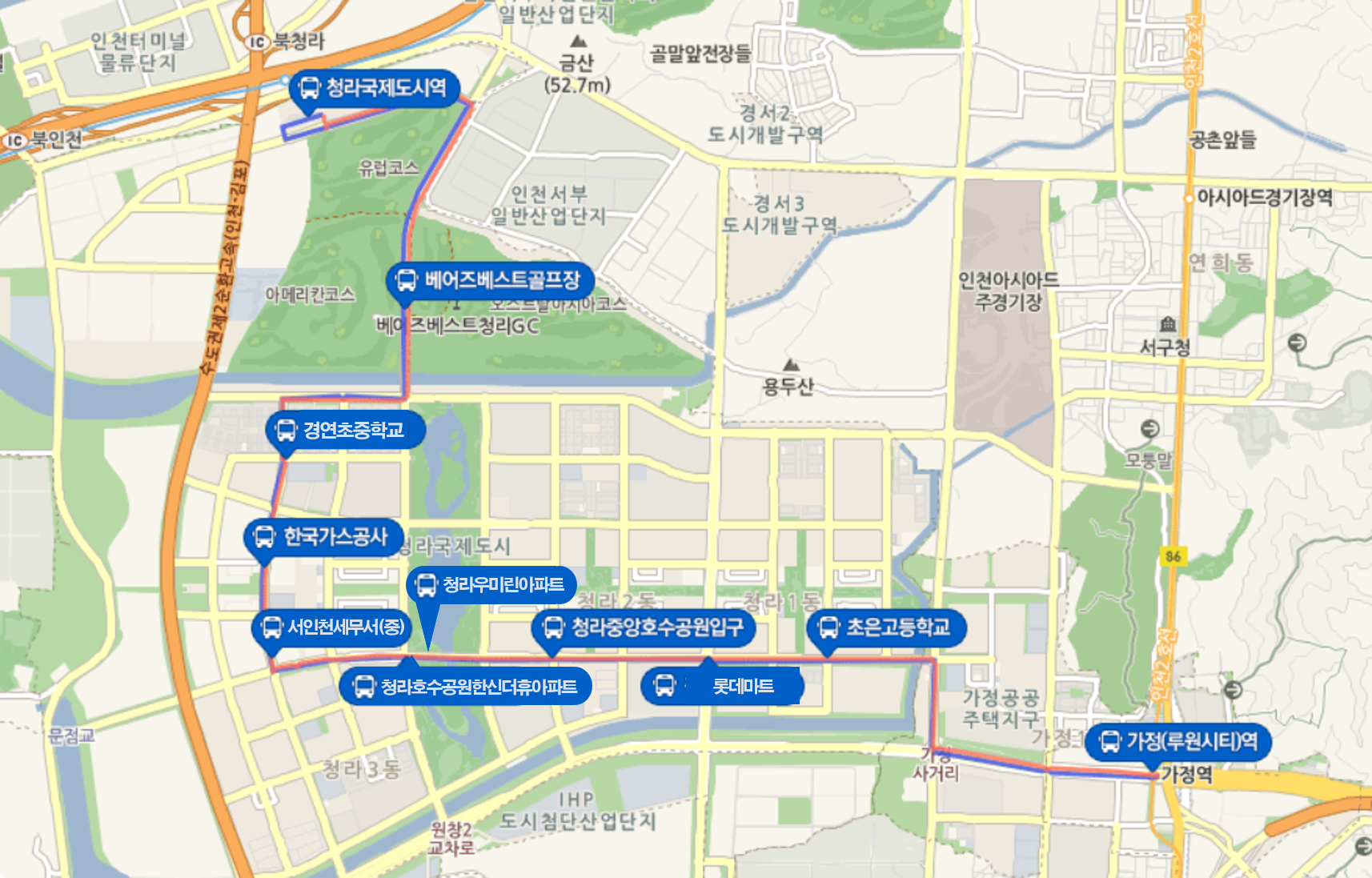 701번버스 노선지도:청라국제도시역-베어즈베스트골프장-경연초중학교-한국가스공사-서인천세무서(중)-청라호수공원한신더휴아파트-청라우미린아파트-청라중앙호수공원입구-롯데마트-초은고등학교-가정(루원시티역)