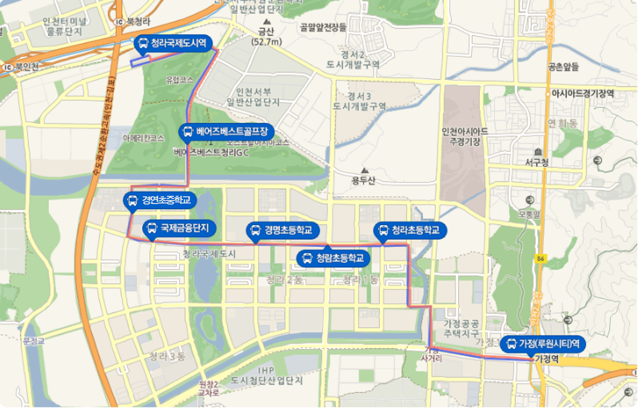 702번버스 노선지도:청라국제도시역-베어즈베스트골프장-경연초중학교-국제금융단지-경명초등학교-청람초등학교-청라초등학교-가정(루원시티역)